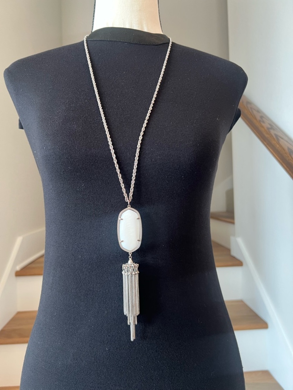 Kendra Scott Silver Rayne  Pendant Necklace With White Stone And Tassel